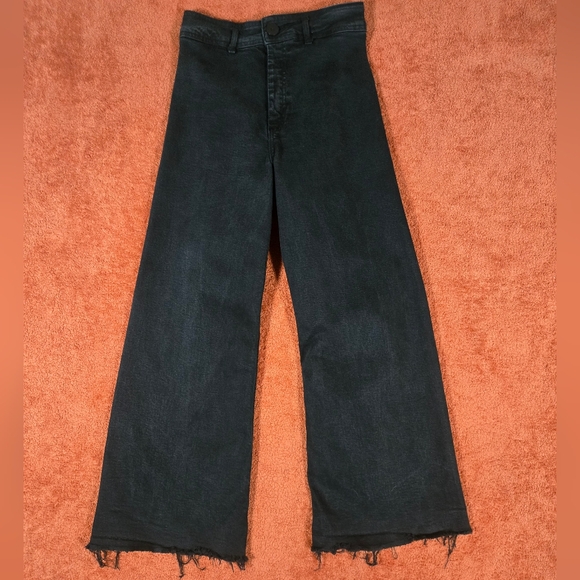 Zara High Rise Wide Leg Crop Jeans Black Denim Size 6 W26 L28 Women's Raw Hem - Picture 1 of 12
